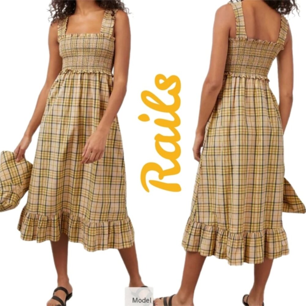 Rails Womens Rumi Sunflower Plaid Midi Dress Sz M Feminine Ruffle Smocked Bodice